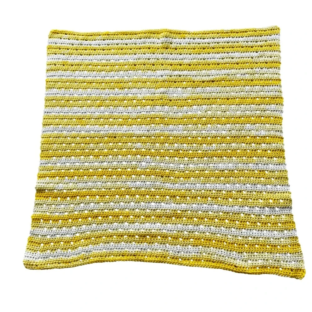 Handmade Crochet Baby Blanket Yellow White Striped Knit Nursery Throw 28x30